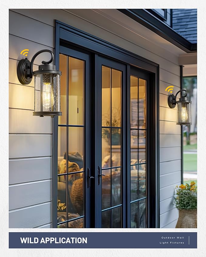 kudos Dusk to Dawn Outdoor Lighting, 12.5 inch Porch Lights Outdoor, Anti-Rust Waterproof Cylinder Wall Light for Patio, Garage, Black with Seeded Glass, KDOWL01-BK-LC