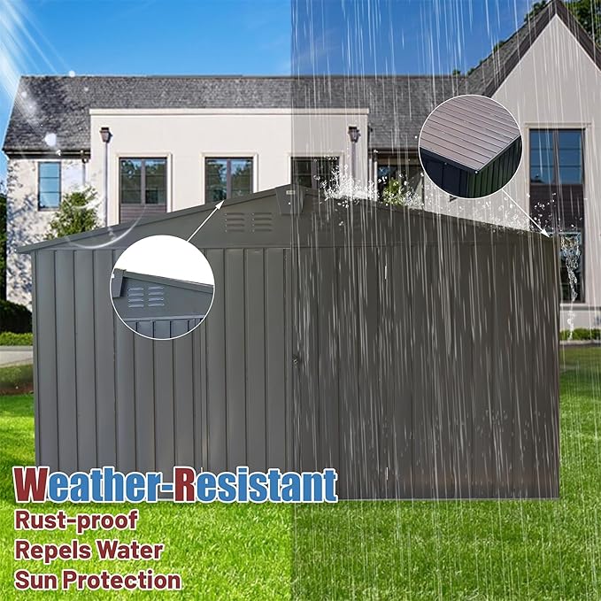 IKERY Extra Large Galvanized Steel Storage Shed 11' x 12.5' with Windows & Lock - Garden & Utility Tool Shed for Backyard, Patio - Dark Gray