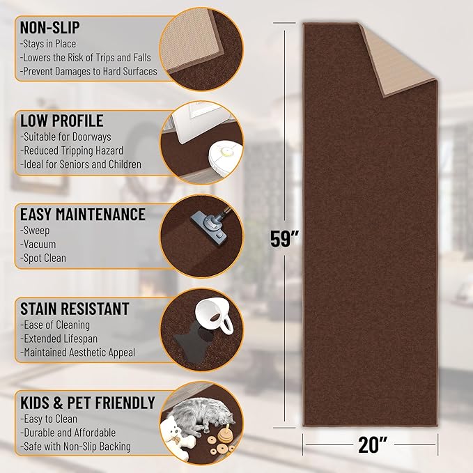 Ottomanson Hallway Runner Rug 20" x 59" Non Slip Solid Area Rugs Easy to Clean Laundry Rug Runner Durable & Pet Friendly Floor Carpet Runners for Hallways Entryway Living Room Kitchen, Brown