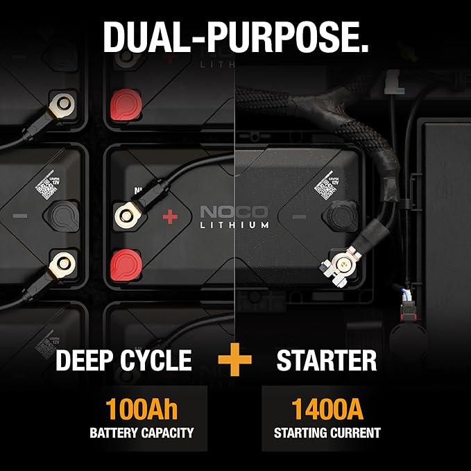 NOCO Lithium NLX27: 12V Dual-Purpose LiFePO4 Lithium-Ion Battery - 100Ah Deep-Cycle and 1400A Group 27 Starter Battery - UL Listed - Built-In Dynamic BMS