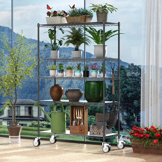 Wire Shelving with Wheels, 48x18x72 Inch, 3000 Lbs Storage Shelves Heavy Duty, Commercial-Grade Adjustable Utility Shelf, NSF-Certified Metal Storage Rack with Shelf Liners, 5-Tier, Matte Black