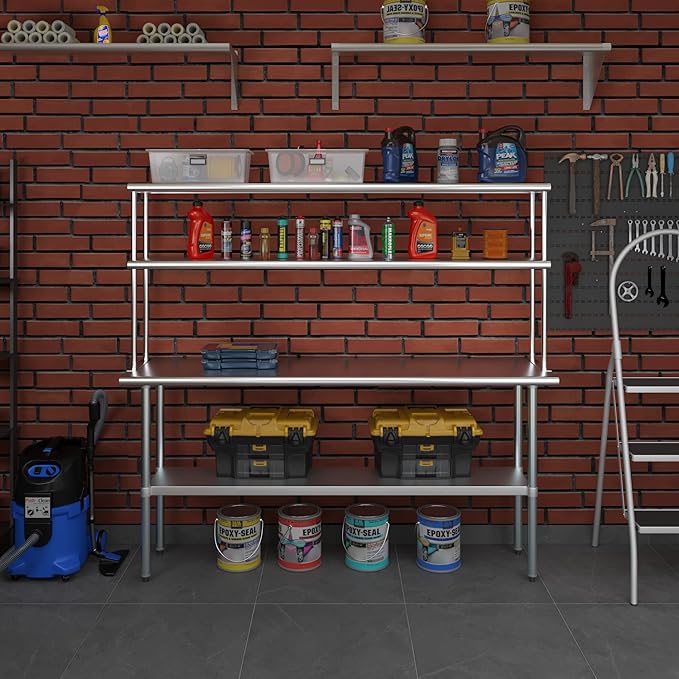 Amgood Stainless Steel Work Table Double Tier Overshelf | Metal Kitchen Prep Table & Shelving Combo (18" x 72" Work Table + 12" Overshelf)