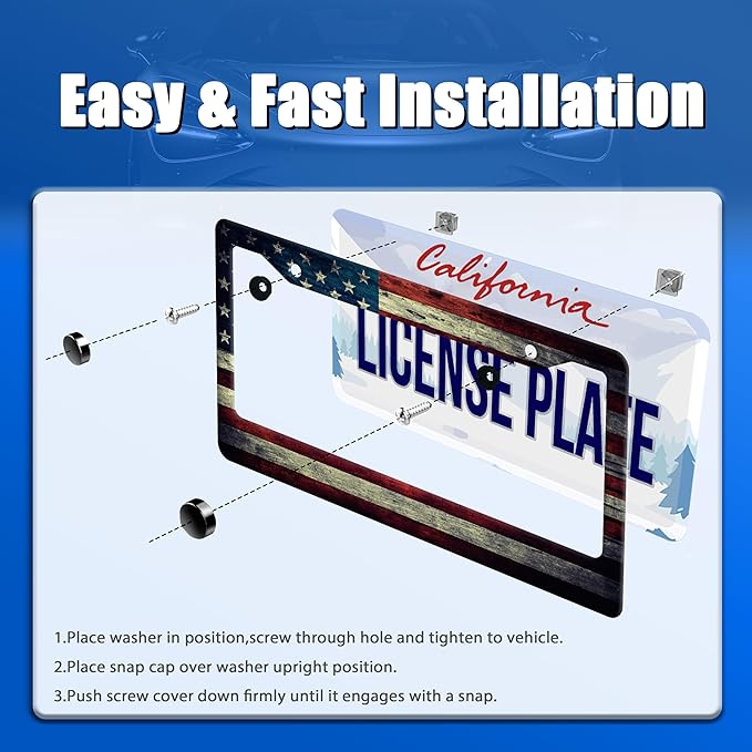 American Flag License Plate Frame Vintage USA Flag License Plate Stainless Steel Funny License Plate Holder Patriotic Car Accessories Decoration with Screws Fits Standard Vehicles Size 12.3" x 6.3"
