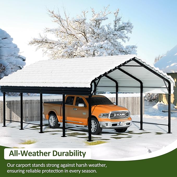 JAMFLY Carport, 12X15 FT Metal Carport, Heavy Duty Carport Canopy with Galvanized Steel Roof and Frame, Metal Car Garage Upgraded Extra Large Garage for Pickup, Boat, Car and Tractors