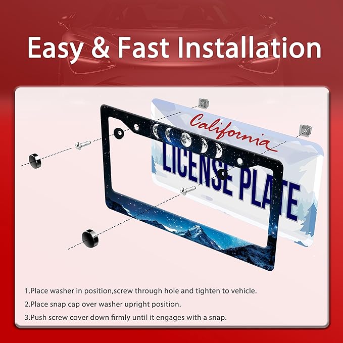 Personalized License Plate Frame Moon Phase Mountains Stainless Steel Accessory License Plate Holder Funny Car Decorative 2 Holes Screws Fits Us Standard License Plates 12.2 X 6.3 in for Men Women