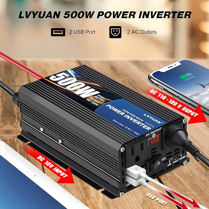 LVYUAN 500 Watt Pure Sine Wave Power Inverter 12V to 110V/120V DC to AC Converter with Dual Sockets, Dual USB Ports, LED Display for Home Outdoor RV Car Power Inverter Power Adapter