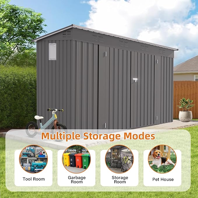 4x9 FT Lean to Shed with Window, Metal Sheds & Outdoor Storage with 6 Vents and 2 Swing Doors, Outdoor Storage Shed Waterproof for Backyard, Garden, Patio, Gray