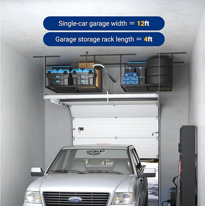 FLEXIMOUNTS 4x4 Overhead Garage Storage Rack, Adjustable Organization System, Heavy-Duty Metal Ceiling Racks, 350lbs Weight Capacity, Black