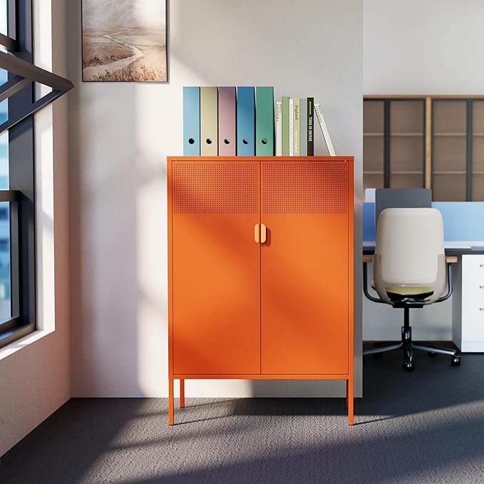 2 Mesh Door Metal Cabinet with Adjustable Shelves, Multipurpose Orange Storage Cabinet, 3-Tier,Metal Storage Cabinet for Office Home,Hallway(Orange, 47''H)