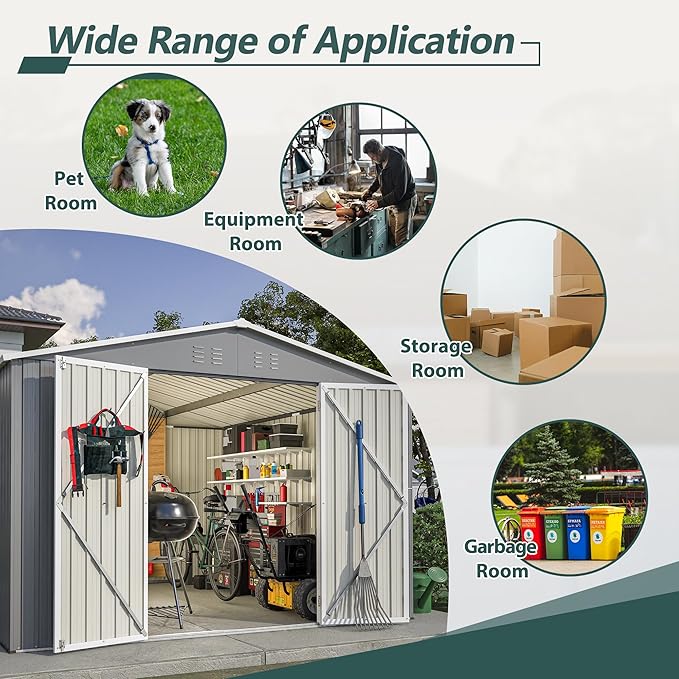 10x10 FT Outdoor Storage Shed, Large Metal Tool Sheds with Updated Frame Structure and Lockable Doors, Garden Shed for Backyard Garden Patio Lawn