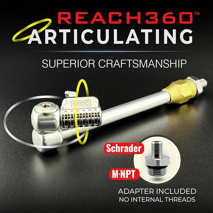 Chuck Mates™ Reach360™ Platinum Series Articulating Rigid 7" Extension with Adapter for Tire Inflators | Dually Trucks RV Bicycle Car Semi