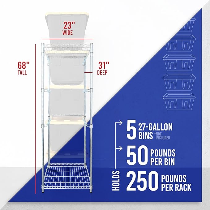 SafeRacks 5-Tier Steel Tote Rack WS-BR27 - Maximize Space, Declutter, NSF Certified, Bin Storage for Garage, Pantry, Kitchen, 31" x 23" x 68" (Silver, 1 Pack)