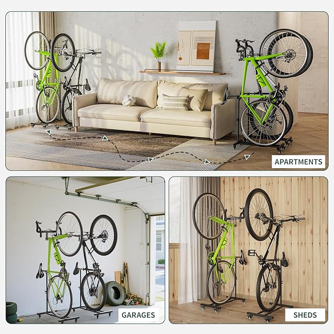 Vertical Bike Stand, Upright Bike Parking Rack Floor, Adjustable Bicycle Storage for Wheels Sizes up to 29", Freestanding Bicycle Organizer with Swivel Casters, Indoor Bike Holder for Garage Apartment