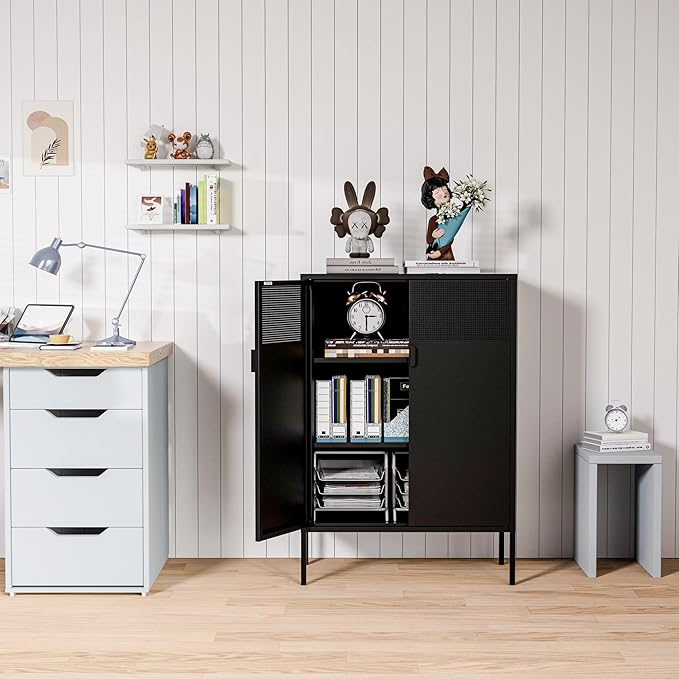 2 Mesh Door Metal Storage Cabinet with Adjustable Shelves, Multipurpose Black Storage Cabinet, 3-Tier Office Cabinet,Metal Storage Cabinet for Office Home,Hallway(Black, 47''H)