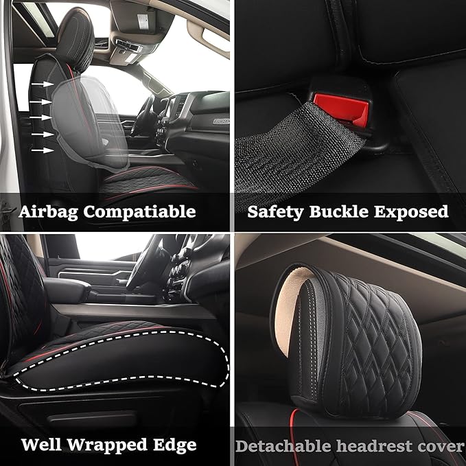 JOJOBAY Car Seat Covers for Dodge Ram 2 Pcs Front,Fit Ram 2009-2025 1500/2500/3500 Pick-up Truck,Crew,Regular,Quad,Mega Cab,Waterproof Leather Seat Covers Protectors（2 PCS Front,Black/Red）