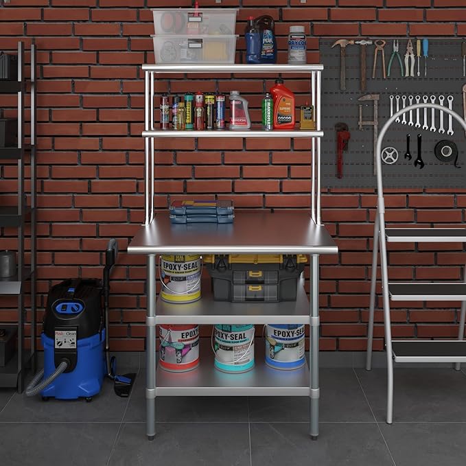 Amgood Stainless Steel Work Table with 2 Shelves | Metal Kitchen Prep Table & Shelving Combo (30" x 36" Table with 2 Shelves + 12" Overshelf)