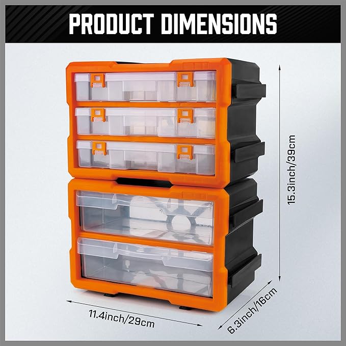 HORUSDY 38-Drawer Durable Screw Organizer, Small Parts Organizer for Hardware, Tools, Screws, Heavy-Duty Wall Cabinet Storage of Beads, Crafts (3 Large Drawers with Dividers for 36 Compartments)