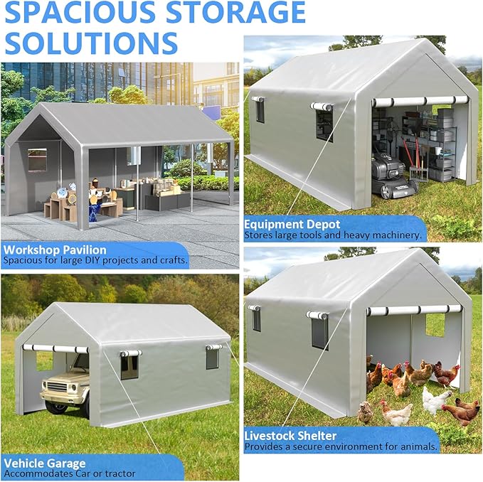 Carport 10x20 ft Heavy Duty with Roll-up Windows, Portable Garage with Removable Sidewalls & Doors, Car Canopy with Sandbags All-Season Tarp for Car Boat Truck Motorcycle