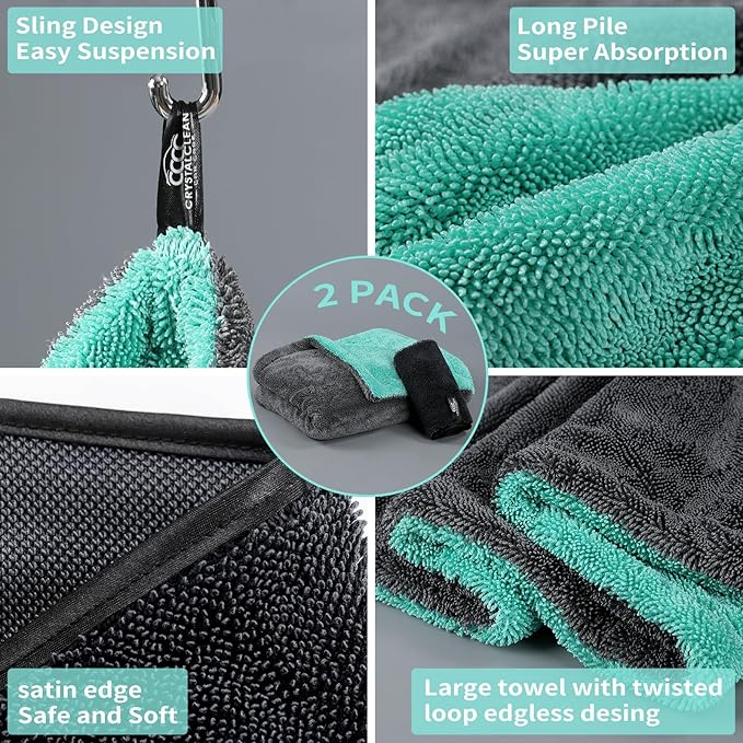 Microfiber Towels for Cars - 1300GSM X Large Size Double Twisted Loop 2pcs - 70/30 Blend Quick Dry High Absorbent Edgeless Streak Free - Car Drying Towel for Detailing 24x36″ & 12x12 (Grey+Green)