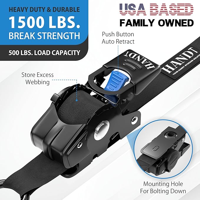 HandT USA Based Retractable Ratchet Straps (4PK) 1in x 6ft - 1,500lb Break Strength, Heavy Duty Automatic Ratchet Straps Self Retractable Tie Down, Push Button Retracting Truck Trailer Cargo | Black