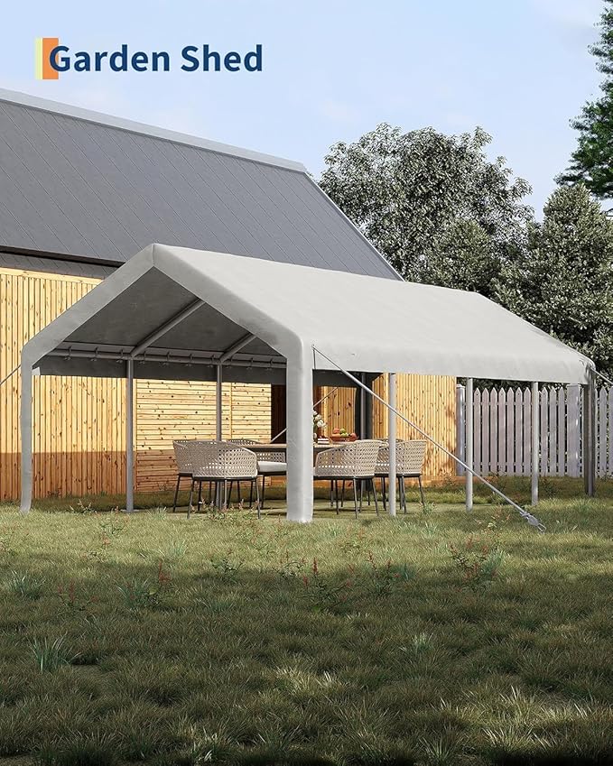 13 x 25ft Heavy-Duty Carport Canopy with Roll-Up Windows & DoorsThickened Wind Ropes, Ground Nails, Portable Car Tent Garage for Cars, Trucks, Boats, 200G Durable Tarp Cover,White