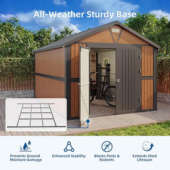 10x12FT Outdoor Storage Shed, Metal Garden Shed with Floor Base, Lockable Doors and Windows, Large Tool Shed for Backyard, Patio and Lawn