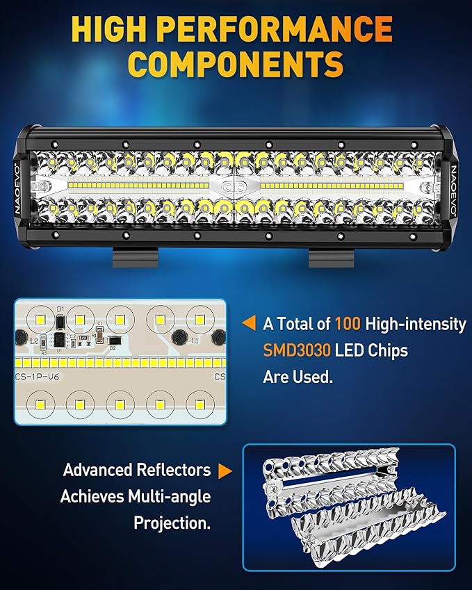 NAOEVO 12 Inch LED Light Bar, 300W 30000LM LED Offroad/Driving/Fog Lights with Wiring Harness Kit, Spot Flood Work Lights for Truck UTV ATV Golf Cart Boat, 1 Pc (White)
