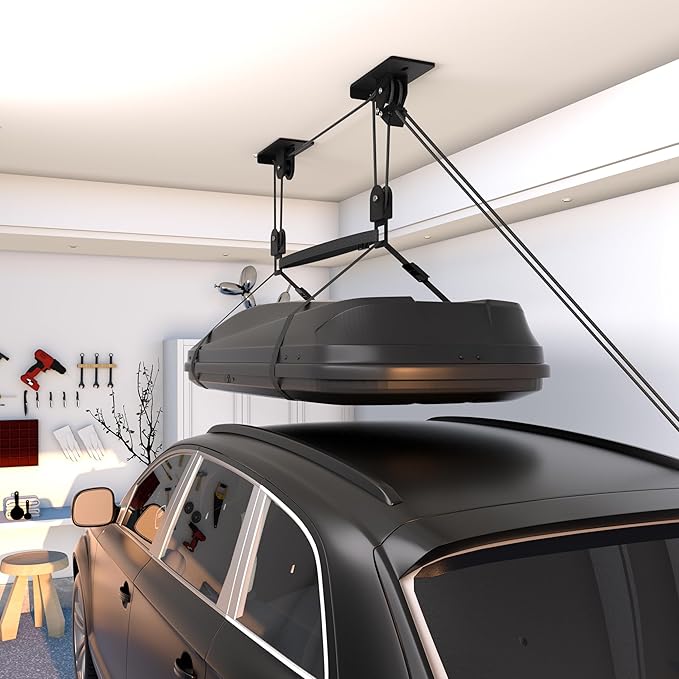Cargo Box Pulley System for Garage Storage, Heavy-Duty Kayak/Canoes/Bikes/Ladders Ceiling Hoist, Hold Up to 150 lbs Capacity, Fit 10-18 Foot Ceilings, Black