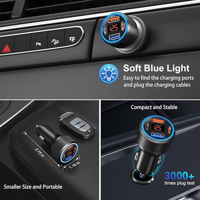 USB C Car Charger, Costyle 65W Dual USB-C & USB-A Multi Port Cigarette Lighter Adapter with Voltmeter QC/PD 3.0 Fast Charging 12V Car Phone Charger for iPhone 16 15 14 13 12 11 Pro Max Samsung(Black)