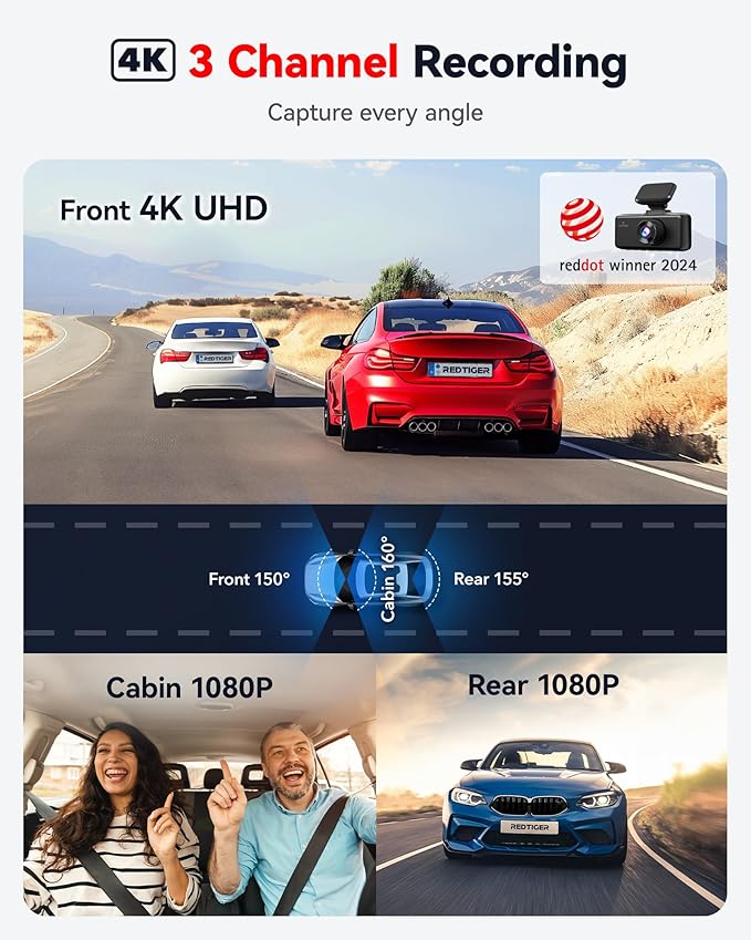 REDTIGER F17 4K 3 Channel Dash Cam, 5GHz WiFi Built-in GPS with 64GB Card, 2160P+1080P+1080P Front and Rear Inside, Triple Car Camera with 3 Inch Screen, IR Night Vision, G Sensor, WDR, Parking Mode