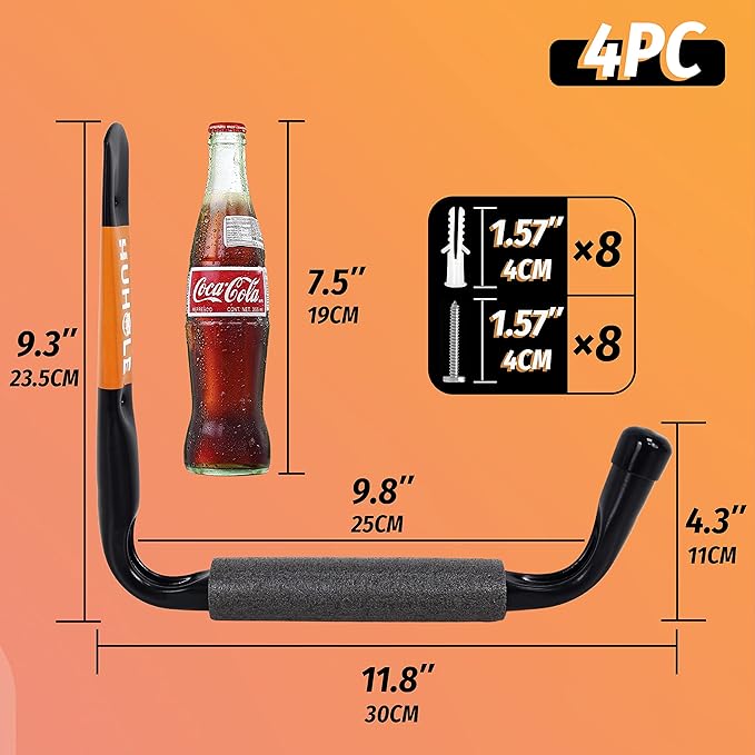 HUHOLE Ladder Hooks for Garage Wall, Wall Mount Ladder Brackets with 9.8" Jumbo Arm, Utility Hooks for Bike, Folding Chair, Bulk Items