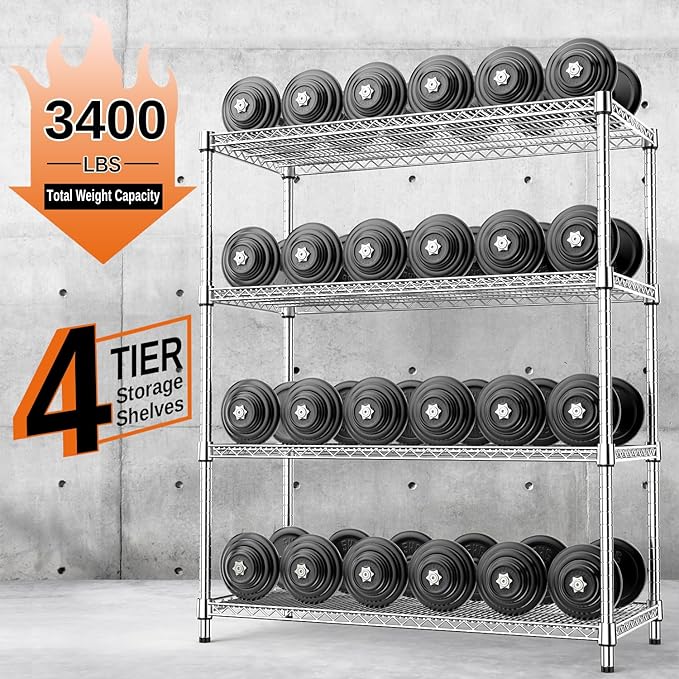 IZEUK 2640 LBS Garage Shelving Wide Storage Shelves 4 Tier Metal Shelves Heavy Duty Adjustable Utility Shelf Rack Chrome 17.7" D x 59.1" W x 70.4" H