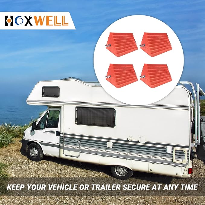 Premium 4 pcs Heavy Duty Wheel Tire Chocks, Vehicle Chocks with Eyebolt for Travel Trailers, Camper, Truck, Car and ATV 4 Pack, Orange