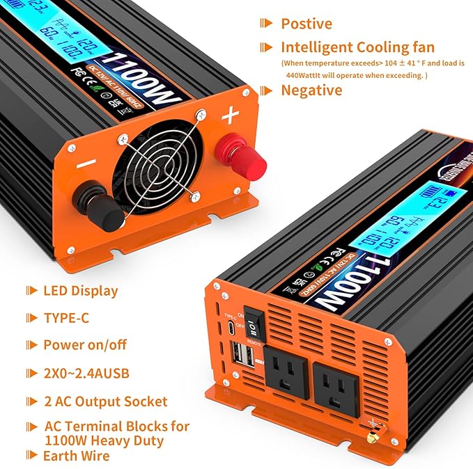 1100 Watt Pure Sine Wave Power Inverter 12V DC to 110V 120V Converter for Family RV Off Grid Solar System Car with Type-C Ports 2 AC Power Outlets Dual USB Ports LCD Display Wireless Remote Control…