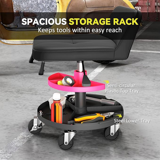 HOMCOM Rolling Mechanic Stool, 300 LBS Capacity Pneumatic Creeper Garage Stool with 360° Wheels, Backrest, Heavy Duty Roller Seat Padded Shop Chair with Tool Tray Storage, Adjustable Height, Black