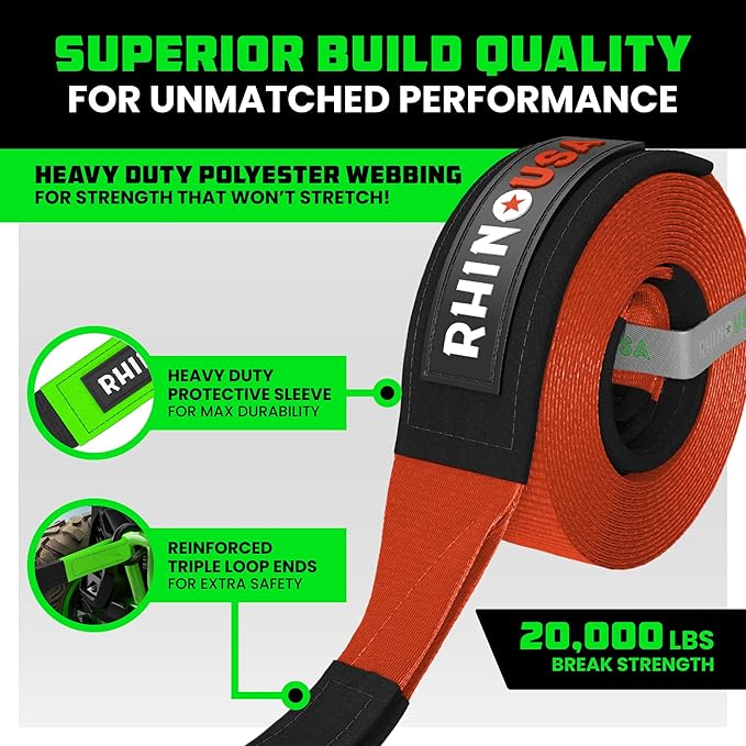 Rhino USA Recovery Tow Strap (2"x20')- 20,024lb Break Strength- Emergency Recovery Strap Tow Rope for UTV, ATV & More- Heavy Duty Towing Strap for Offroad 4x4 Use- Compatible with RZR and Can-Am (Red)