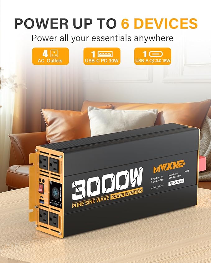 3000W Pure Sine Wave Inverter 24V DC to 110V 120V AC Converter for RV Truck Home Off-Grid Solar Power Inverter with Type-C PD30W/USB Port QC3.0 Quick Charging, 4 AC Outlets, Remote Control