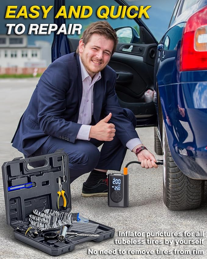 Tire Repair Kit with Portable Air Compressor, Tire Plug Kit 58PCS with Cordless Tire Inflator (150 PSI) for Car, Motorcycle, Tractor, Truck, Ball