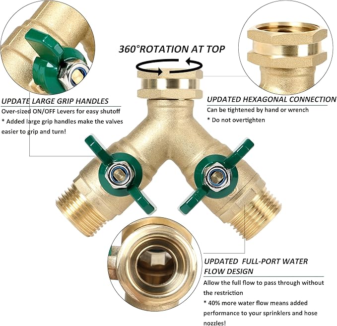 STYDDI Garden Hose Splitter Full Flow, Brass Heavy Duty Hose Splitter 2-Way High Flow, All Metal Hose Y Splitter with Shutoff, Outdoor Faucet Splitter Hose Connector, Water Hose Y Valve Tap Adapter