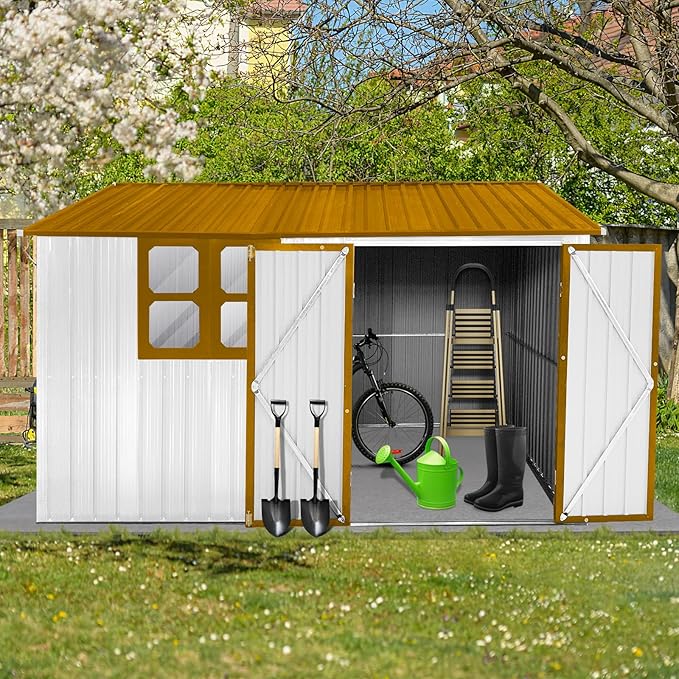 8x10 FT Outdoor Storage Shed, Metal Garden Shed with 4-pane Window, Outside Tool Shed with Lockable Hinged Doors & 4 Air Vents, Waterproof Storage Building for Backyard, Patio, Lawn, White+Yellow