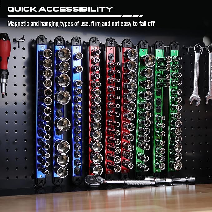 Magnetic Socket Holder Organizer Set: 9-Piece Detachable 1/4, 3/8, 1/2 Socket Trays Socket Organizer for Tool Box Drawer Holds 120-Piece Standard Size Sockets for Automotive Garage(Blue Red Green)