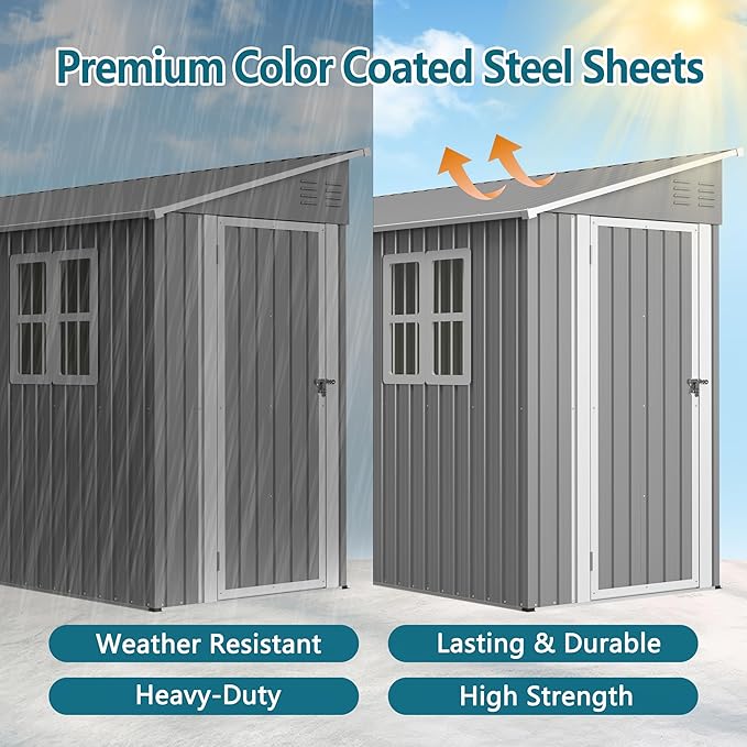 4 x 10 FT Metal Outdoor Storage Shed with Foundation and 2 Windows, Lean to Storage Sheds w/Lockable Door & Air Vents, All Weather Waterproof Garden Tool House for Backyard, Patio, Lawn, Gray