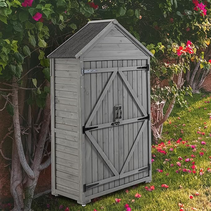 39.56"x 22.04"x 68.89" Outdoor Storage Cabinet with Removable Shelves, Waterproof Roof, and Adjustable Feet - Fir Wood Garden Tool Shed for Yard, Patio, Deck, and Garage,Grey