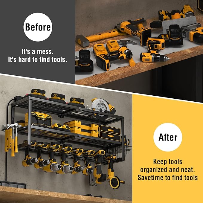 YYR Heavy Duty Power Tool Organizer with Charging Station, Cordless Drill Hanger Storage Rack, Battery Tools Holder Wall Mount Shelf for Garage - 32 Inch Equipped with Surge Protection Power Strip
