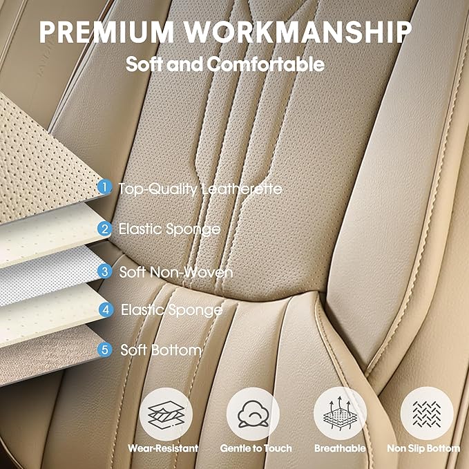 AOOG Car Seat Covers Full Set, Leather Seat Covers for Car, Waterproof Car Seat Protector with Lumbar Support, Automotive Seat Covers Universal Fit for Most Cars SUV Trucks (Full Set, Beige)