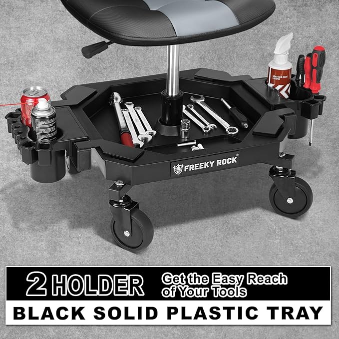 Rolling Stool with Wheels, Adjustable Height Pneumatic Garage Work Mechanic Stool Seat with Backrest, 400 LBS Capacity 360° Swivel Mechanic Crepper Chair with Tool Tray Storage, Gray