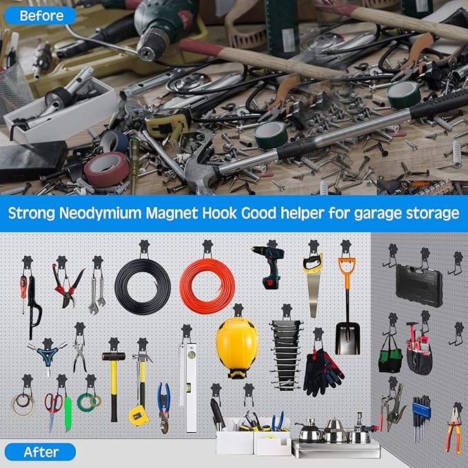 Strong Garage Magnetic Hooks, 2Pcs Large Heavy Duty Magnetic Hook with Anti-Slip, Magnet Hanger for Garage Tools, Hammer, Toolbox, Ropes, Drill