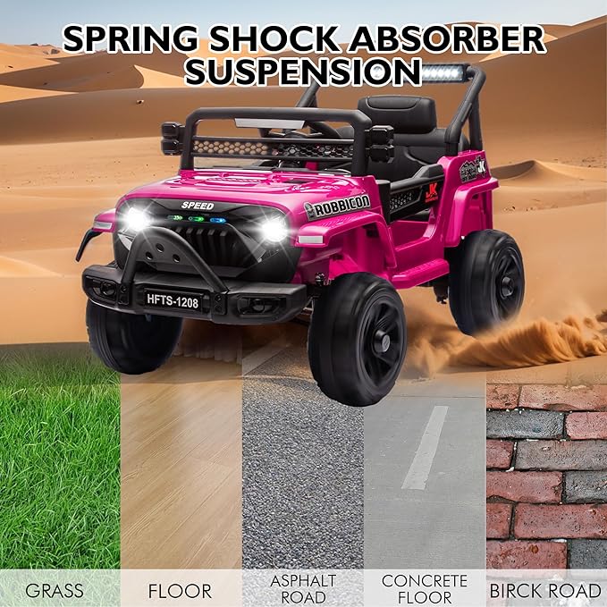 12V Ride on Electric Truck Car for Kids, 12V Kids Electric Vehicles w/Remote Control, Four-Wheel Suspension, USB, Bluetooth, Power Display, Lights, Battery Powered Ride on Toys for Boys Girls (Pink)
