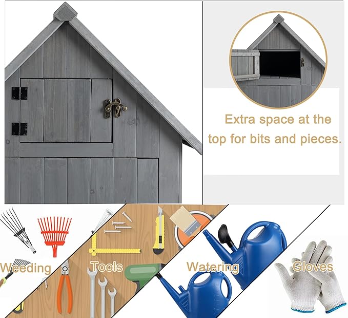 30.3" L X 21.3" W X 70.5" H Outdoor Storage Shed with Waterproof Roof, Solid Fir Wood Frame, and 3 Compartments for Garden Tools, Mower, and Hose,Grey