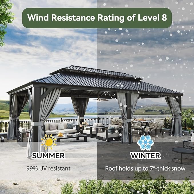 Aoxun 14' X 24' Hardtop Gazebo with Drainage System, Aluminum Outdoor Gazebo with Galvanized Steel Double Roof, Patio Permanent Metal Pavilion with Netting, for Garden, Deck, Grey